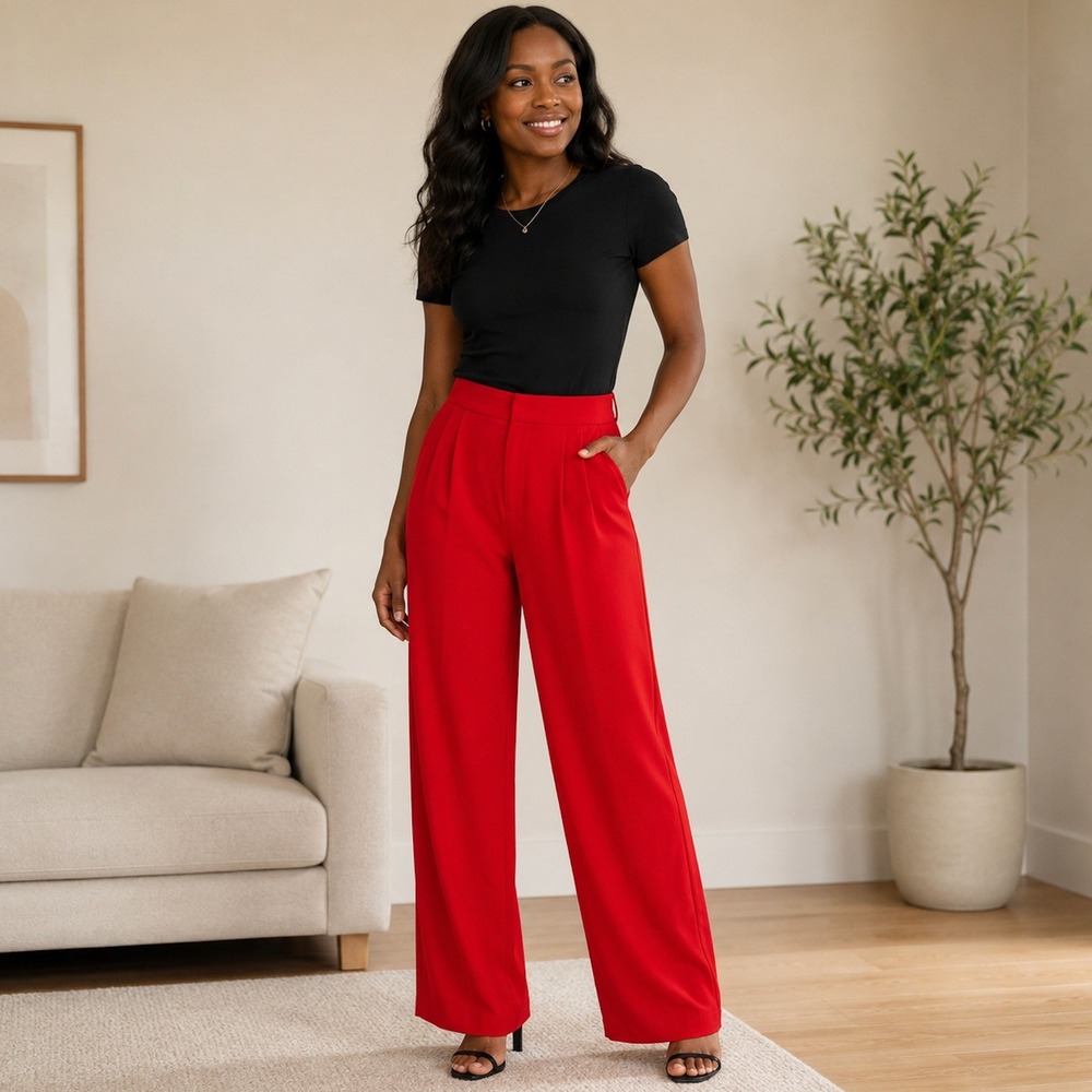 Commense Red High Waisted Wide Leg Pleated Trousers Dress Pants MEDIUM